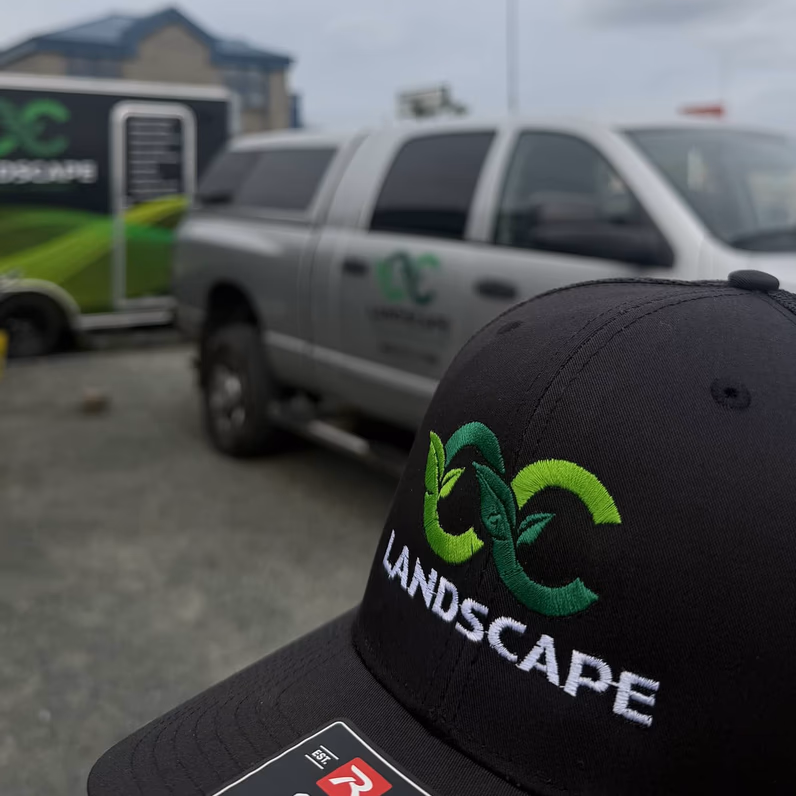 C & C Landscape truck and crew hat in Anacortes, WA