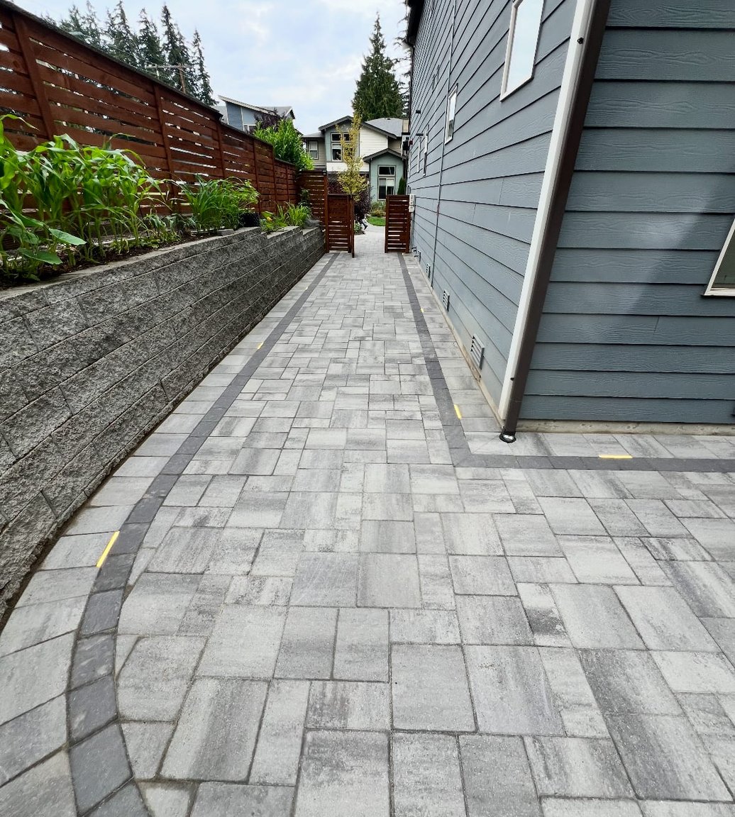 Custom paver walkway and block retaining wall in Anacortes, WA