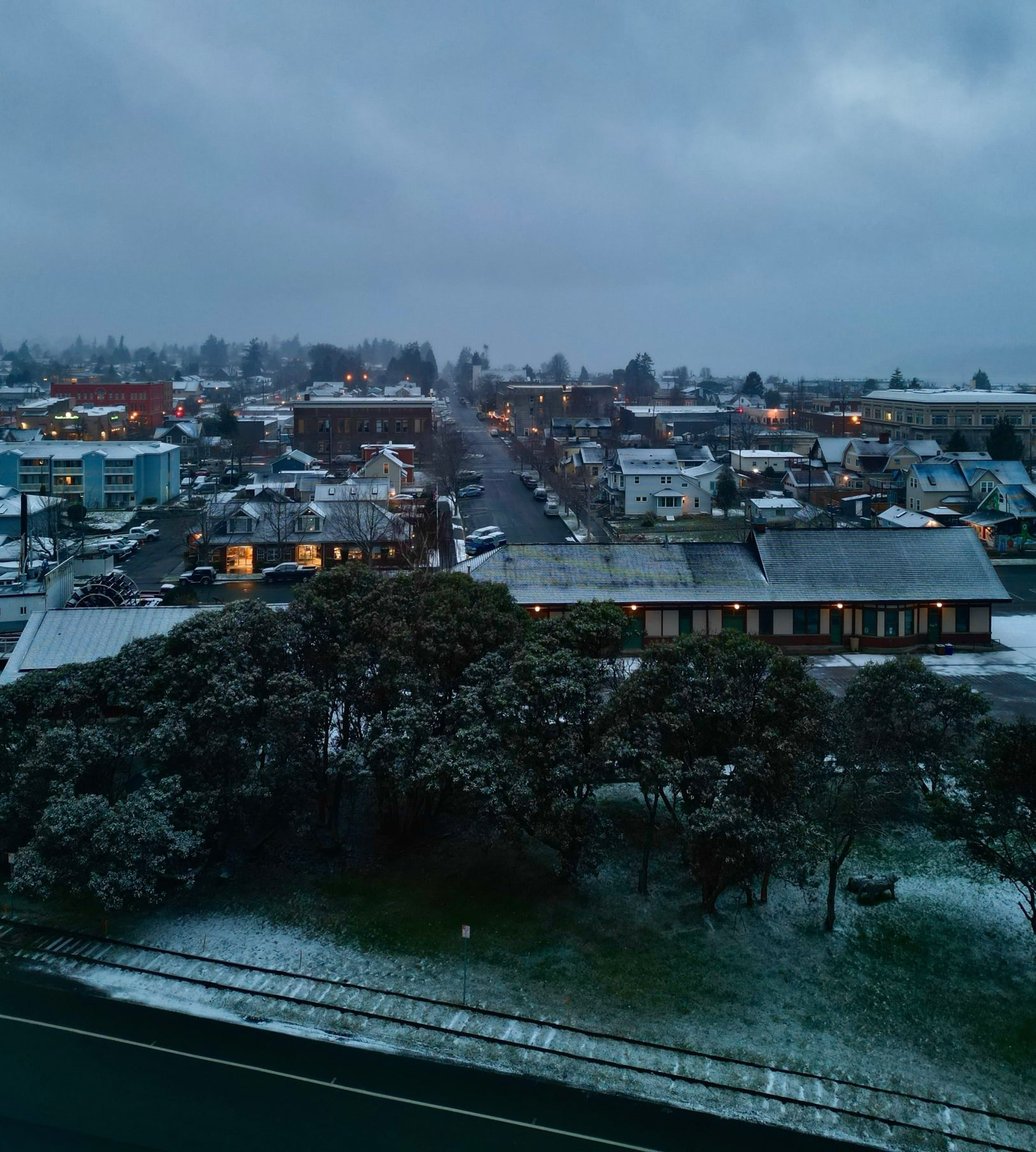 Snow-dusted trees and rooftops in Anacortes, WA